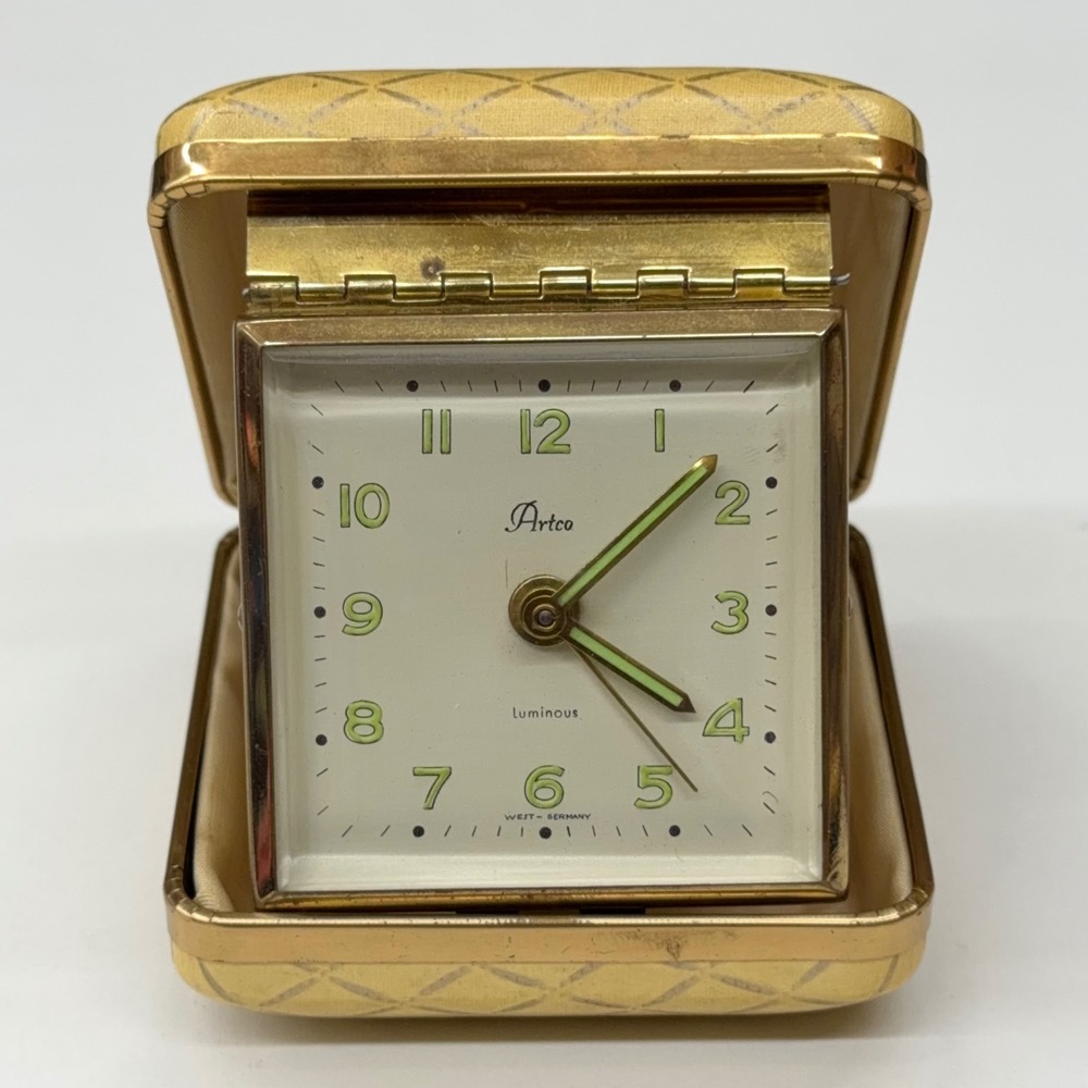 Vintage Artco Travel Alarm Clock West Germany Aristocrat Gold Case Luminous